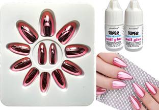 AuraSkin Bridal Series Artificial Metallic Mirror Shine Soft Pink Nail Art with glue Metallic Soft Pink