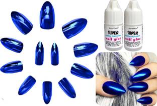 AuraSkin Bridal Series Artificial Metallic Mirror Shine Blue Nail Art Designs with glue Metallic Blue