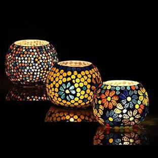 Badgoti Handicrafts Mosaic Work Glass Candle tealight Holder for home Set of 3 Multicolour Glass 3 - Cup Tealight Holder Set
