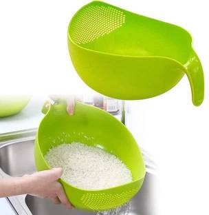 ZWINKO Rice Bowl Thick Drain Basket with Handle (Pack of 1, Multicolor) (Plastic) Collapsible Colander