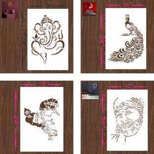 FLEXISHINE DECOR (Size:- 16X24 Inch) THEME-Ganesha,krishna,peacock krishna and SaiBaba Pattern Pattern Reusable Design Ideal For Bedroom, Kids Room and Living Room Decoration Stencil