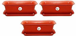 VINSHRA Terracotta Rectangular Planter with Bottom Tray Set of 3 Plant Container Set