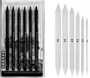 Craftwings COMBO Of 6 Woodless Charcoal Drawing & Sketching Pencils with 6 Blending Stumps Round Shaped Color Pencils