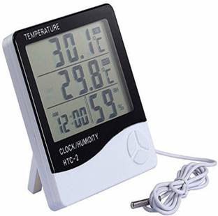 Divinext Multifunctional HTC-2 Hygrometer Digital LCD Humidity Meter Thermohygro HTC 2 Indoor Outdoor Humidity Tester Weather Station with Max/Min Memory + C°/F° Key + Temperature + Data Store + Time Function + Alarm Clock + Calendar + Relative Humidity Room Wall Thermometer with External Wired Probe Sensor Built-in Detector Electronic Temperature Gauge HTC2 Digital Pin-Type Digital Moisture Measurer