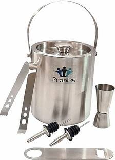 PRONIKS 1.5 L Steel Stainless Steel Ice Bucket with Opener, Ice Tong, peg Measure and 2pcs Pourers Ice Bucket