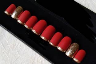 The NailzStation Glitter French Fake Artificial Press on Nails with glue kit Maroon