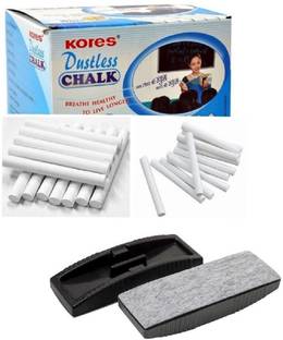 Kores White Chalks 100 STICKS with 1 Duster ( 100 pcs chalk + 1 DUSTER) Regular Blackboard Skin Friendly White Dustless Chalks