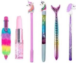 Taufa Villa 6 Pcs Unicorn Pen Combo- Gel Pen Water Pen Lipstic Pen Mermaid Pen For Girls Gel Pen