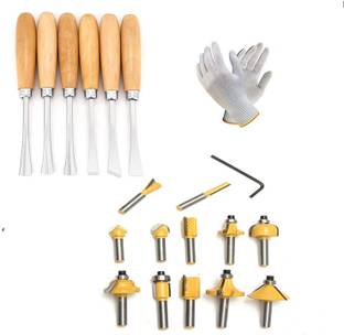 metrotools 12PCS 6.35 MM ROUTER BITS SET CARBIDE WOODWORKING CUTTERS ROTARY TOOL KIT 6PCS WOOD CARVING CHISEL WOOD CARVING TOOL 1 PAIR HAND GOLVES