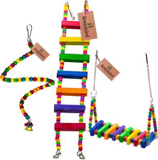 GREENBIRDS Combo Of 3 Bird Toys Spiral Hanging, Wooden Swing & Ladder For Bird & Parrot Wooden Chew Toy, Training Aid, Perch For Bird