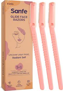 Sanfe Glide Face Razor for painfree facial hair removal (3 units) - upper lips, chin, peach fuzz - Stainless steel blade, comfortable, firm grip, Women