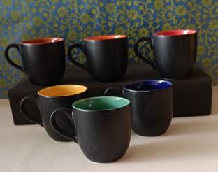 shailzz's Pack of 6 Ceramic BLACKMULTICOLAR & coffee Cup/Mug set -120ML, Prefect