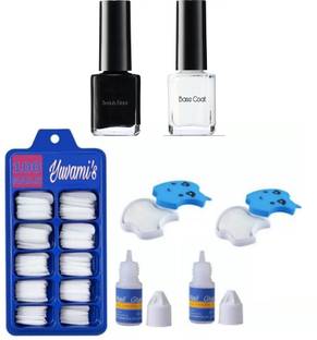 Yuvami's 100 artificial Nails with 2 Glue & 2 Nailpolish(Black & Transparent) & 2 Wipes