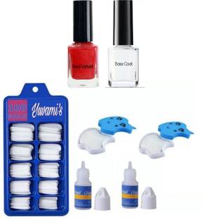 Yuvami's 100 artificial Nails With 2 Nailpolish Wipes With Red & Top Coat Nailpolish (Off White)