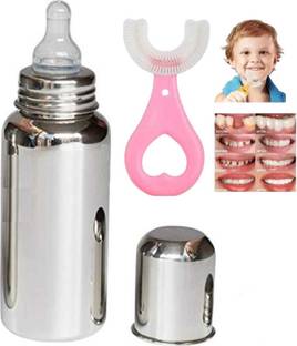 DEZNA Stainless Steel Baby Feeding Bottle and Baby Teeth Cleaning Brush Combo  - Stainless Steel