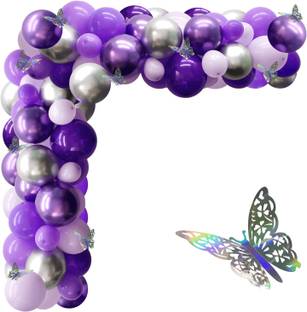 Bash N Splash Solid Purple Silver Balloon Garland Party Decoration Pack glue, arch & Butterflies Balloon