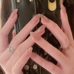 The Pink Truck Set of 24 Artificial Reusable Nails in Golden Glitter Design with Glue Golden
