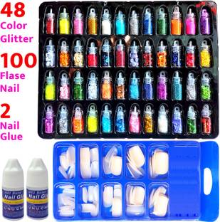 vizo 3D 48 color Nail Glitter + 100 Artificial/False Nail + 2 Nail Glue