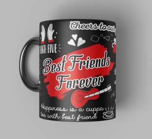 ECFAK Best Friend Quotes Doodle Printed Black Ceramic Coffee Mug