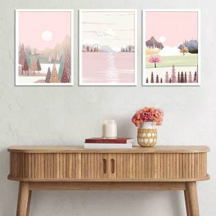Set of 3 Blossom Pink Heart Of Nature White Framed Art Print 3D Poster