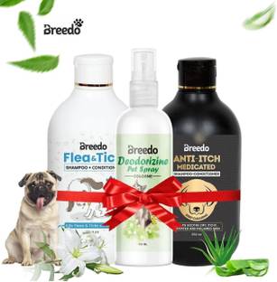 Breedo (Combo of 3) Dog Flea-Tick Shampoo + Anti-Itch Shampoo + Deodozine Spray Allergy Relief, Conditioning, Anti-fungal, Anti-microbial, Anti-itching, Anti-dandruff Natural Dog Shampoo
