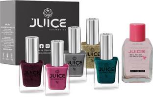 Juice | 5 NAIL POLISH COMBO 23 (BERRY SHIMMER-D02/DESIRE PINK-D03/SILVER-D05/MAGIC CRYSTAL-D08/AQUAMARINE-D10) & 1 NAIL POLISH REMOVER