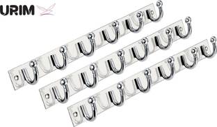 URIM Premium Stainless Steel 6 Pin Cloth Hanger Wall Mounted Bathroom Cloth Hanger,Coth Wall Hook,Door Hooks Rail for Hanging Keys,Clothes,Towel (Pack of 3) SILVER WITH 2 J HOOKS Door Hanger