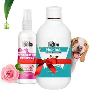 Hachiko (Combo of 2) Dog Flea-Tick Shampoo (250 ml) +Deodorizing Spray (100 ml) Allergy Relief, Anti-dandruff, Anti-fungal, Conditioning Artificial Fragrance Free Dog Shampoo