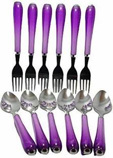 VACULACE Spoon & Fork Plastic Handle Kitchen Set of 12 Contains: 6 Spoons, 6 Forks) Stainless Steel, Plastic Cutlery Set