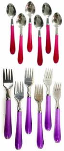 VACULACE 6 Fork & 6 Spoons with Plastic Handle for Dining Table (Set of 12) Stainless Steel, Plastic Cutlery Set
