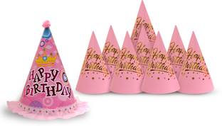 Vmd BIRTHDAY CAP 1 Fancy PINK-NET Cap with 8 golden Printed Cap for Birthday Kids
