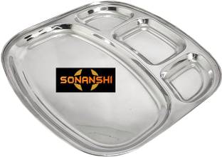 Sonanshi Stainless Steel Curved Shape Bowl Lunch/Dinner Plate/Dosa Thali 4 Compartments Dinner Plate