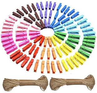 3A Featuretail 1.5 Inch Wooden Clothespins Photo Paper Peg Pin Craft Clips with Jute Rope