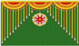PMW Multicolor Green Chatai with Flower Design Backdrop Cloth for Pooja Decoration