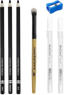 Craftacious Art 3Pc Black Charcoal Pencils, 2Pc 0.8mm White Pen & Smudger Brush for Blending