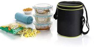 GORMERY Round Clear Glass Lunch Box with Cover, 400ml, Set of 3, Transparent Glass Lunch 3 Containers Lunch Box