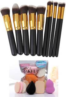 MY TYA Premium Makeup Brushes Set of Ten , Black + 6 Piece Makeup Sponges