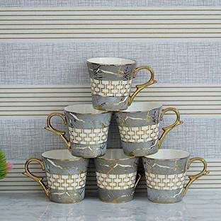 Femora Pack of 6 Bone China Indian Ceramic Fine Bone China Grey Gold Line Tea Cup - 6 Pcs, 155 ML