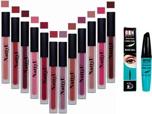 NattyU Beauty Waterproof Matte Set Of 12 Lipsticks - Long Lasting - 12 Different Shades - With OBN_LongCurlMascara(Combo)