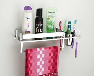 Pillu Stainless Steel 3 in 1 Multipurpose Bathroom Shelf/Rack/Bathroom Accessories SILVER Towel Holder