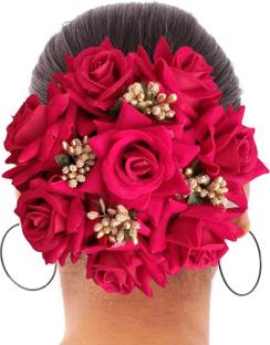Clixfox Full Bun Red Rose Flower  Bun For Bridal  Hair Extension