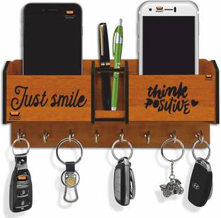 Heritagecrafts Just Smile Think Positive Unique Wooden 2 Pocket Mobile and Pen holder 8 Hooks Wood Key Holder