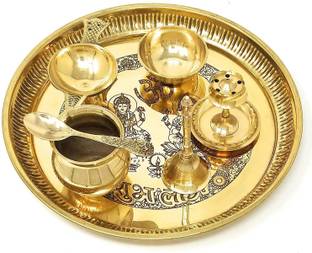 BENGALEN Ganesh Lakshmi Design Brass Pooja Thali Set Puja Mandir Diwali Return Gift Items Brass