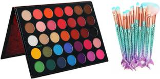 J & F Eyeshadow Color Palette Pressed Powder , 10 Pcs Fish Brush set For Face and Eyes 35 g