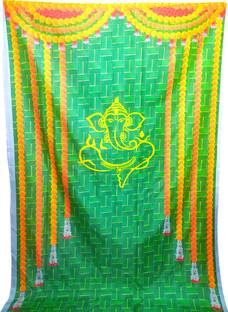 Epoojacart (Model - 17) Ganesh on Green Coconut Leaf and Marigold Flowers Design Backdrop Festival Decoration Tapestry