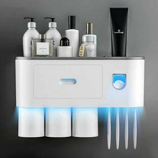 Amulakh Automatic Toothpaste Dispenser Squeezer Kit Wall Mounted with Toothbrush Holder Plastic Toothbrush Holder