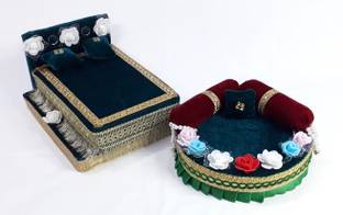 R D Handicraft Combo Thakur ji Singhasan / Laddu Gopal ji Bed Usable 0 to 3 no Laddu Gopal ji Silk All Purpose Chowki