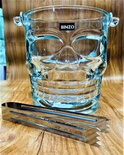BINZO 1.5 L Glass Glass Skull Shape Ice Bucket with Stainless Steel Handle & Tong Ice Bucket