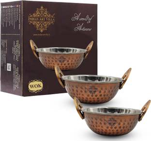 IndianArtVilla Hammered Antique Dark Finish Steel Copper Serving Wok / Kadhai 11.43 cm diameter 0.2 L capacity