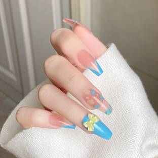 SECRET LIVES Designer Artifical extension nails with glue sheet 3D green bow with pink and blue color